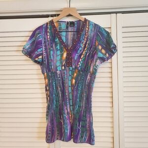 New Directions Multicolor Beaded V-Neck Top, Size PM